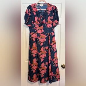 Bohme Satin Navy & Pink Floral Flutter Sleeve MIDI Dress L